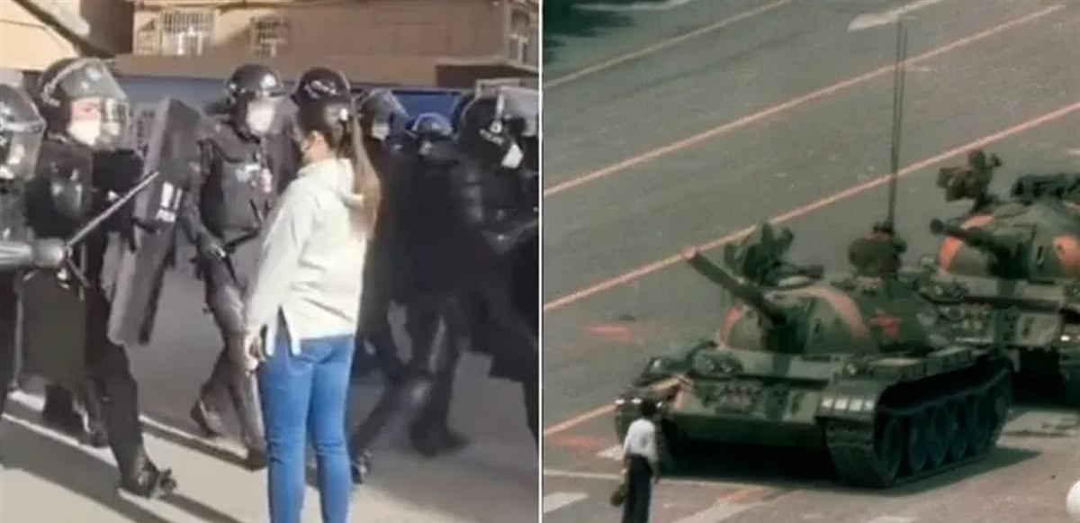 فتاة شجاعة شغلت الصينيين.. وذكرتهم بـ "رجل الدبابة" الشهير