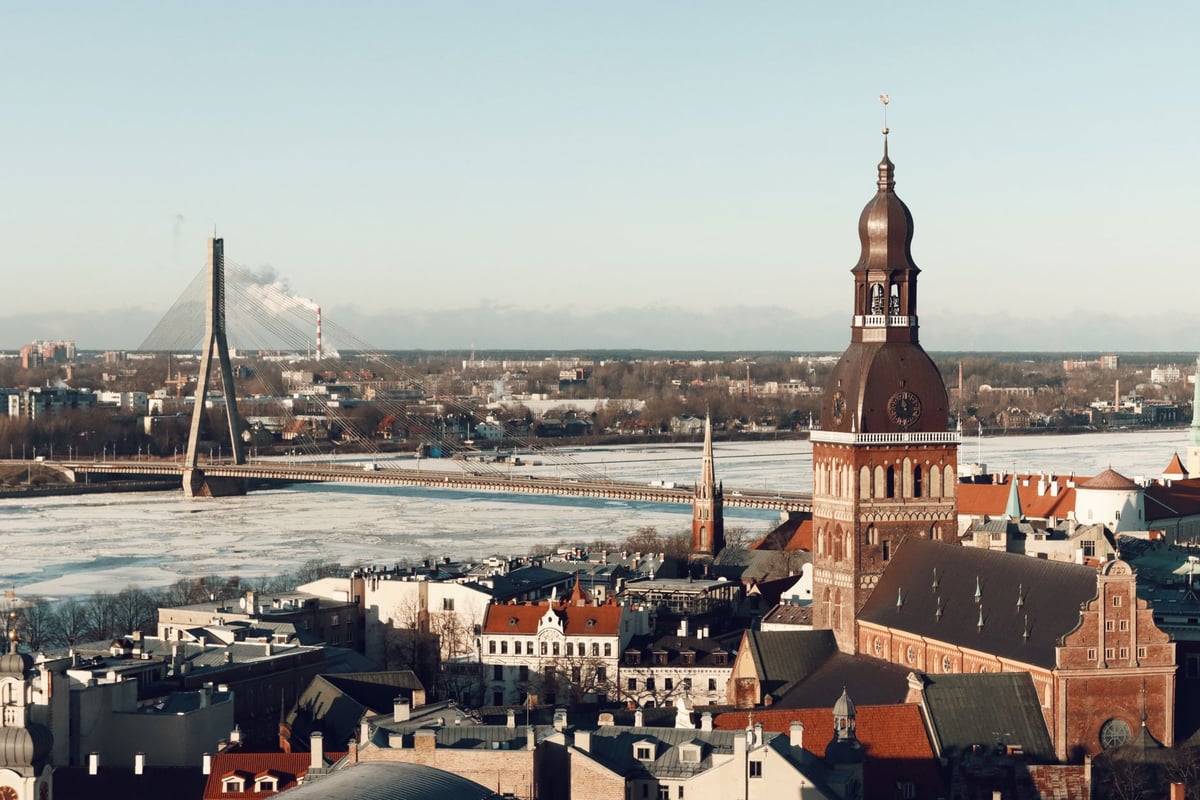 Aerial view of Riga, Latvia showcasing its iconic bridge and cathedral in winter.