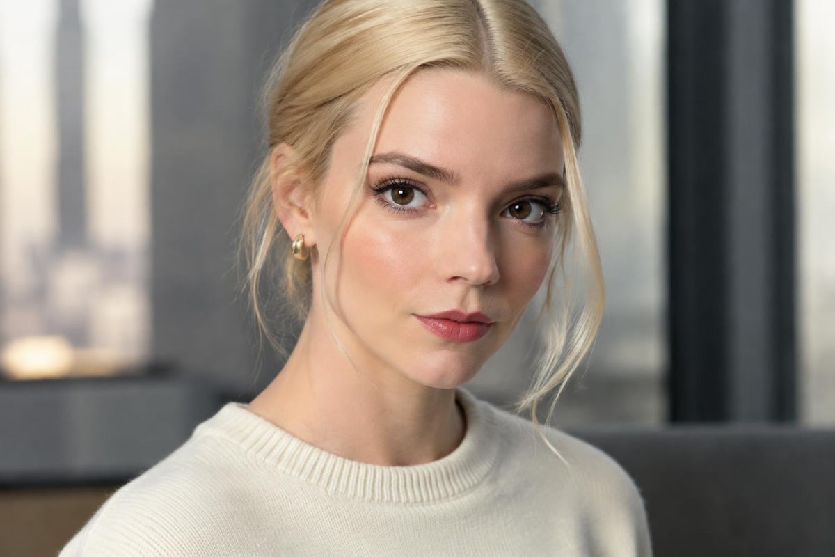 A photorealistic, cinematic close-up portrait of [Anya Taylor-Joy], shot in a 16:9 aspect ratio. The person has a relaxed yet confident, sophisticated expression. They are wearing unbranded, elegant casual clothing—such as a premium minimalist crewneck sweater, a classic plain t-shirt, or a high-qua