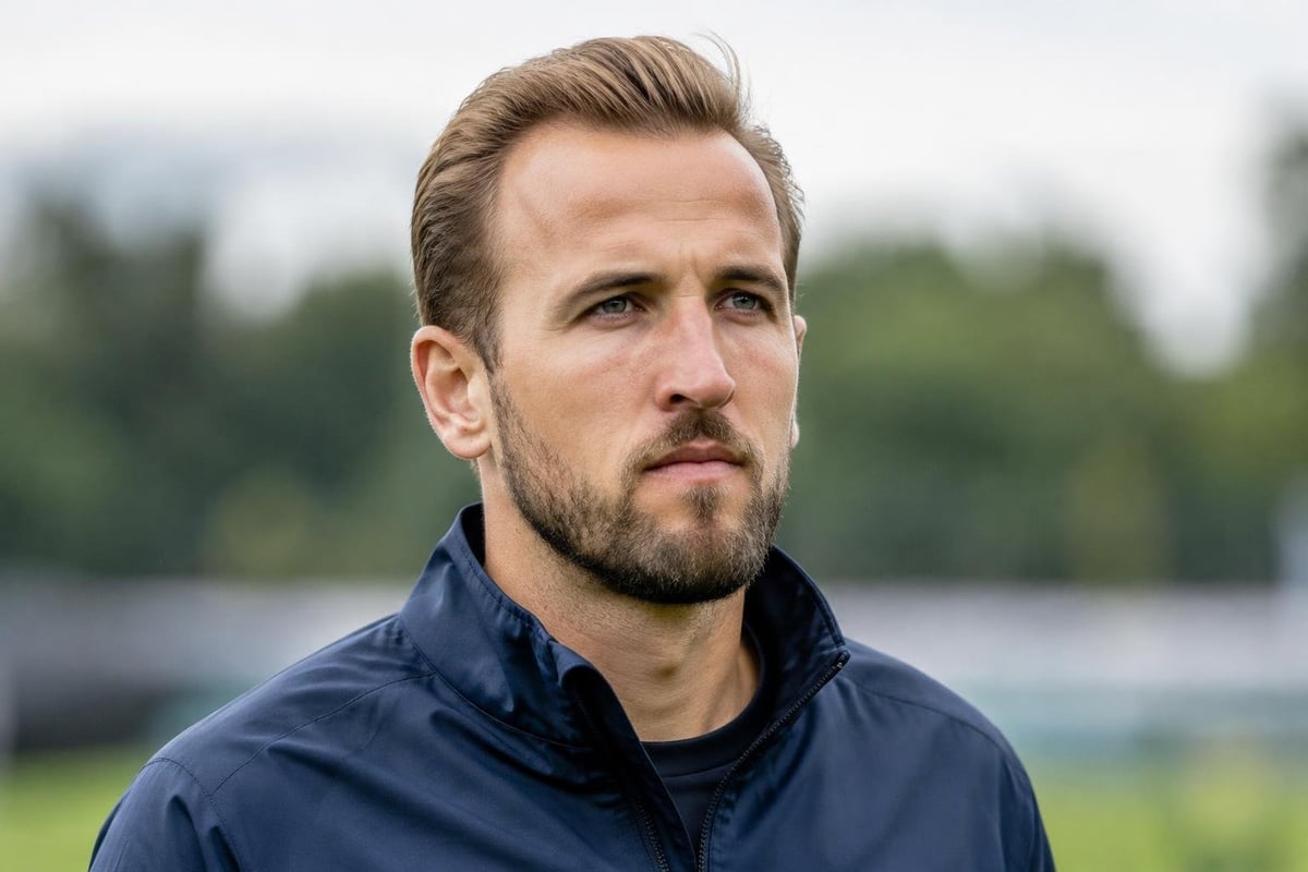 A photorealistic, cinematic close-up portrait of [Harry Kane ], capturing their distinct, highly recognizable celebrity facial features and exact bone structure perfectly. Shot in a 16:9 aspect ratio. The face has a focused, determined expression. They are styled in a random, plain, unbranded athlet