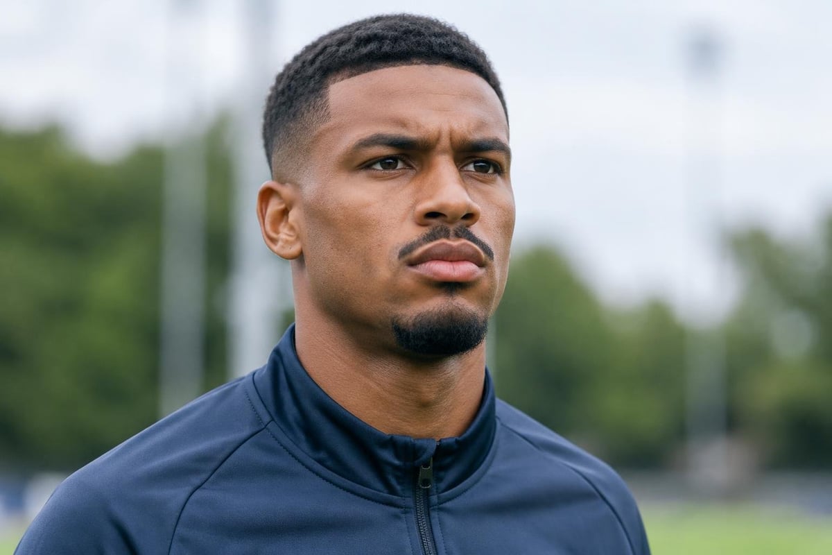 A photorealistic, cinematic close-up portrait of [  William Saliba], capturing their distinct, highly recognizable celebrity facial features and exact bone structure perfectly. Shot in a 16:9 aspect ratio. The face has a focused, determined expression. They are styled in a random, plain, unbranded athlet