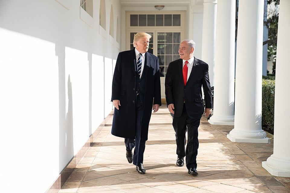 President Donald J. Trump walks with Israeli Prime Minister Benjamin Netanyahu Monday, Jan. 27, 2020, along the Colonnade of the White House. (Official White House Photo by Shealah Craighead)