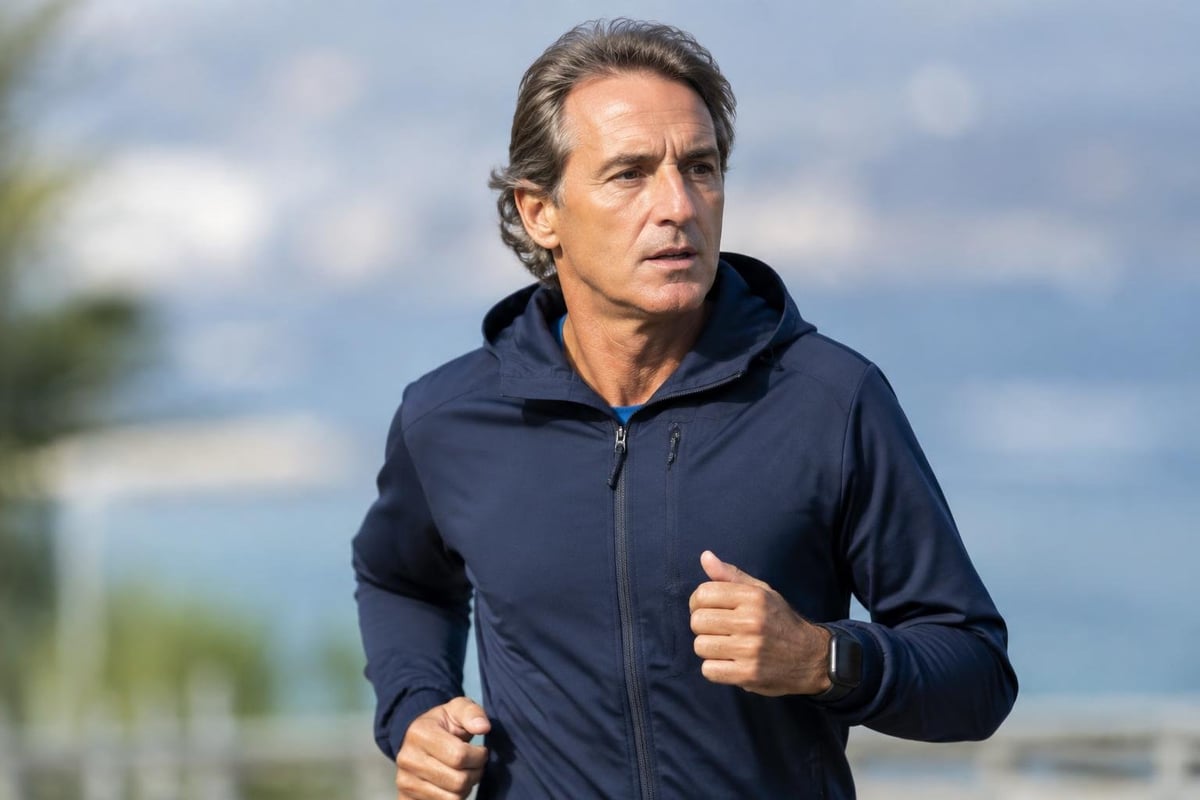 create an realistic image about Roberto Mancini  in sport clothes not football