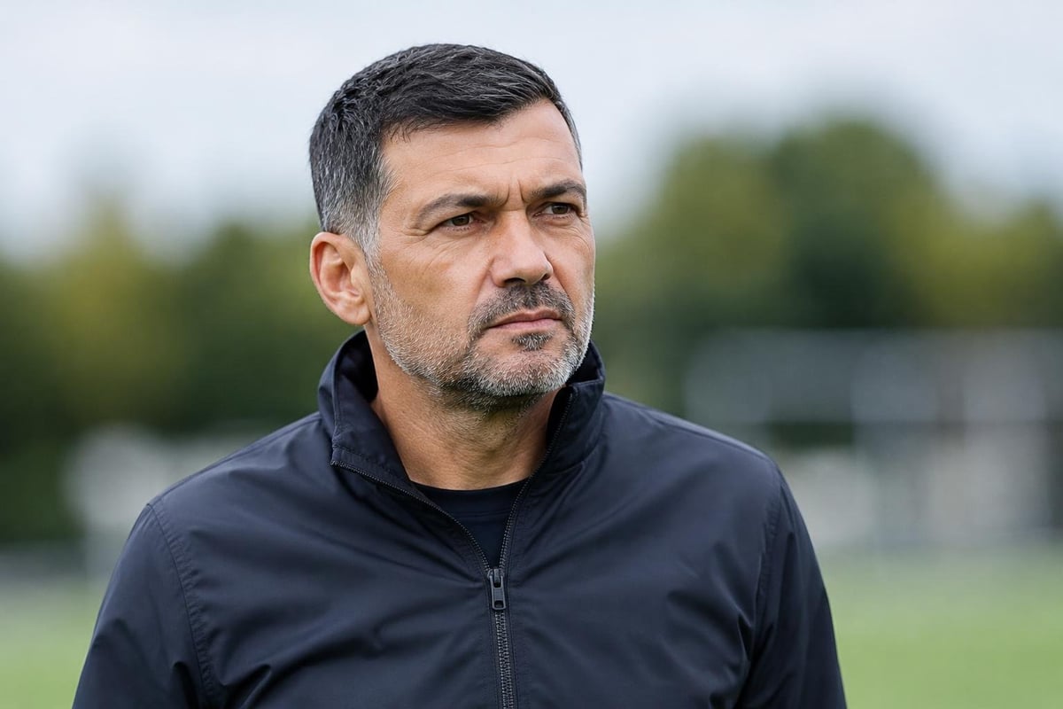 A photorealistic, cinematic close-up portrait of [ Sergio Conceicao], capturing their distinct, highly recognizable celebrity facial features and exact bone structure perfectly. Shot in a 16:9 aspect ratio. The face has a focused, determined expression. They are styled in a random, plain, unbranded