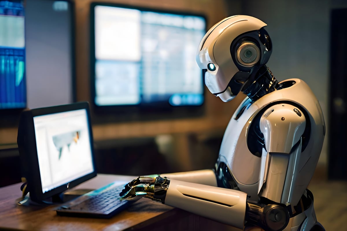 robot, office, laptop, technology, automation, artificial intelligence, workplace, innovation, future, computer, machine learning, productivity, digital, electronics, modern, efficiency, multitasking, business, robotics, working, futuristic, ai, computer science, programming, device